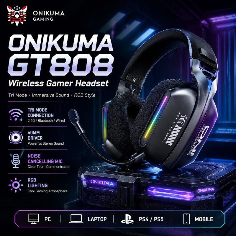 Gaming Headset With Mic Rgb - ONIKUMA GT808 Kabelloses Gaming-Headset, Tri-Modus, Bluetooth,